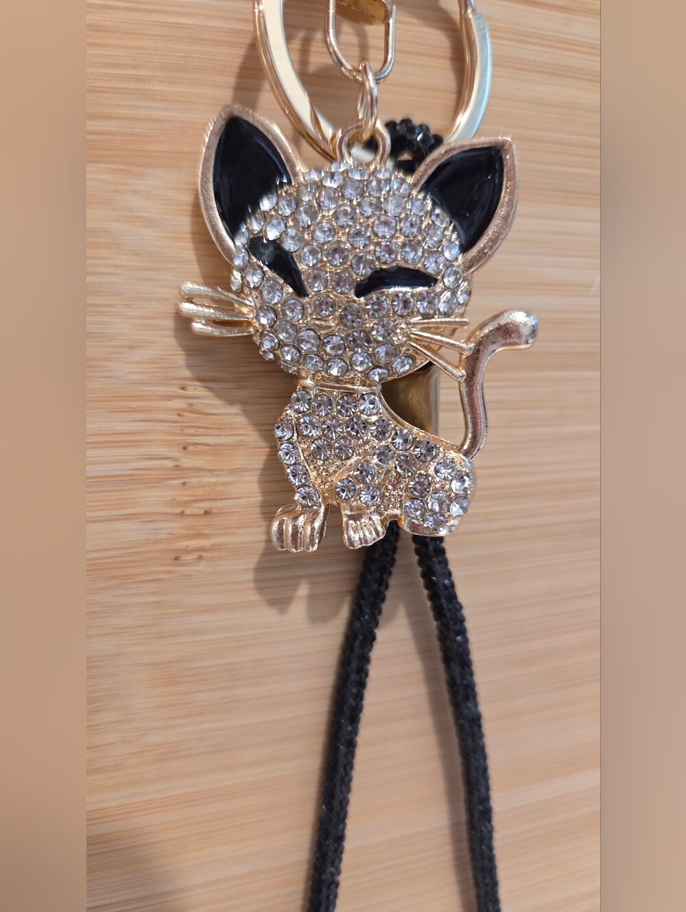 Crystal Encrusted Kitten Purse Charm Wristlet Lanyard Keychain Gold & Black - Picture 8 of 12